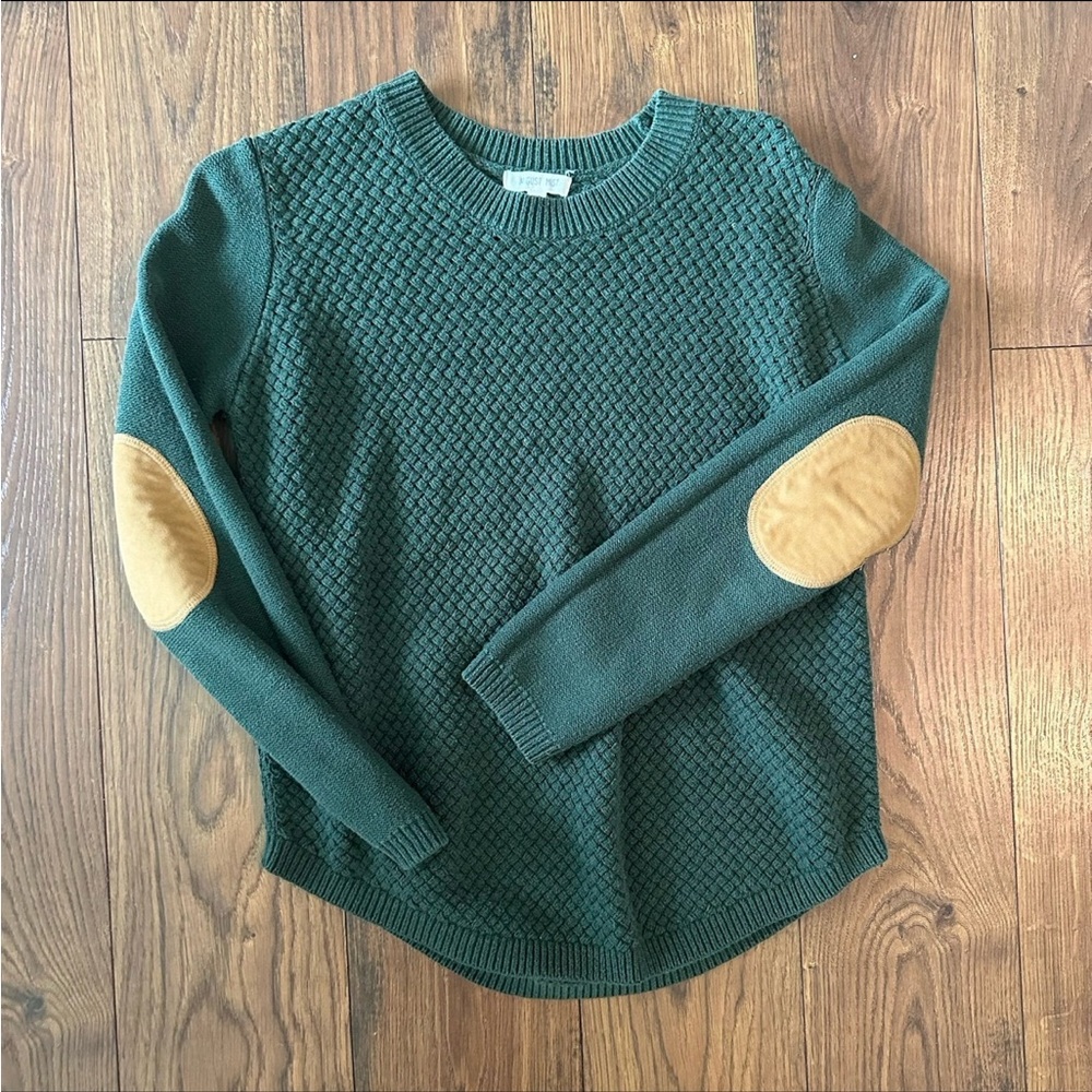 August Mist Dark Green Sweater Faux Suede Elbow Patches XS - Picture 3 of 5